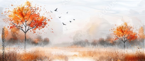 Autumn Trees and Birds in Misty Forest