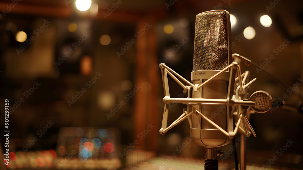 Close-up of a professional microphone in a dimly lit recording studio, capturing the essence of music production and audio recording with a warm, focused atmosphere. Close-up of a professional microphone in a dimly lit recording studio, capturing the essence of music production and audio recording with a warm, focused atmosphere.
