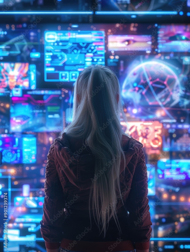 A woman standing in front of a wall of colorful neon signs, great for background or editorial use A woman standing in front of a wall of colorful neon signs, great for background or editorial use