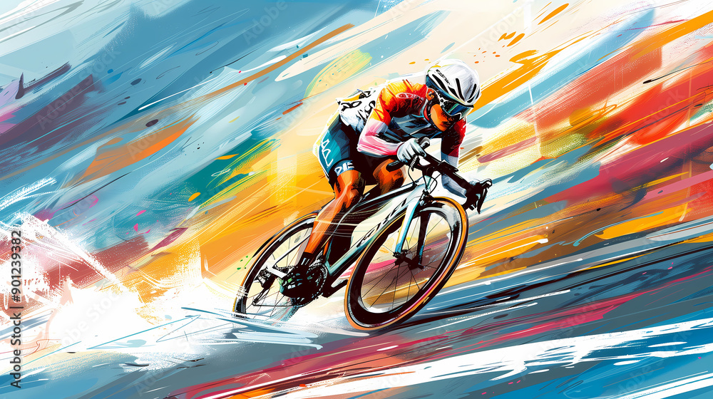 Fototapeta premium Dynamic illustration of a cyclist in motion, racing against a vibrant color background