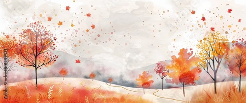 Autumn Trees and Birds in Misty Forest
