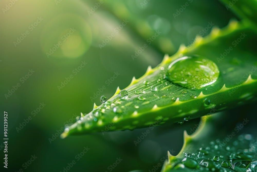 Fototapeta premium Aloe vera cover with drops of water. Macro close up Succulent leaves and water isolated green background