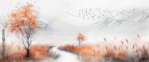 Autumn Trees and Birds in Misty Forest