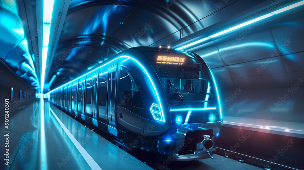 A futuristic train in bright neon blue races at impressive speeds through a modern metro station on the underground rail system.
A futuristic train in bright neon blue races at impressive speeds through a modern metro station on the underground rail system.