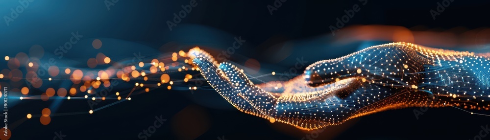 A digital hand projecting glowing particles, symbolizing technology, innovation, and creativity in a futuristic setting. A digital hand projecting glowing particles, symbolizing technology, innovation, and creativity in a futuristic setting.
