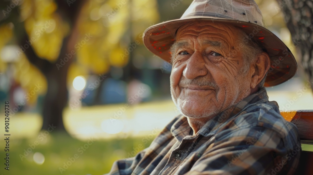 An elderly gentleman sitting on a park bench with his hat on, offering a glimpse into a quiet moment of contemplation