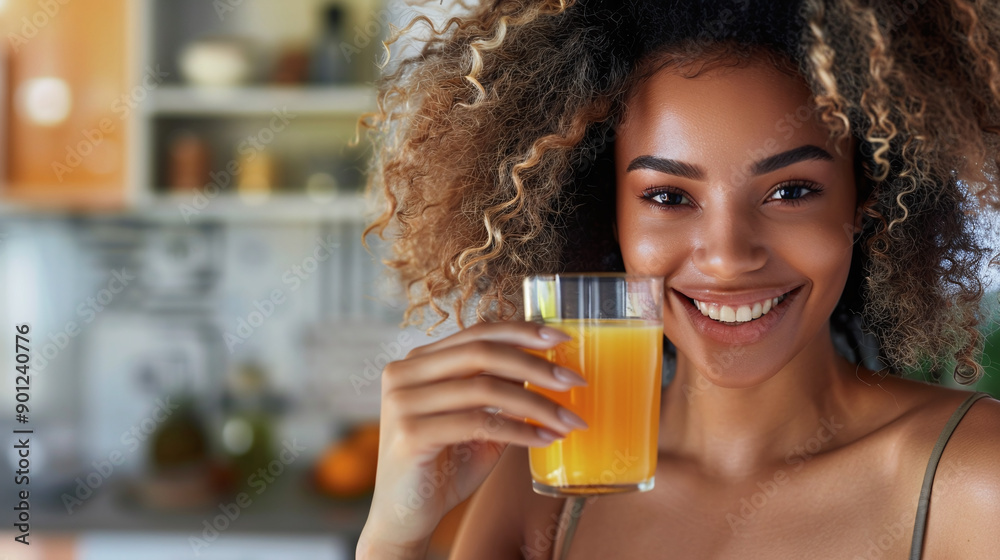 Smiling curly woman with apple fresh natural juice in kitchen Smiling curly woman with apple fresh natural juice in kitchen