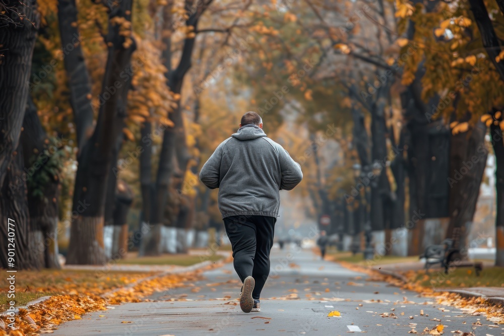 Fototapeta premium back view fat oversize man on Autumn Jogging in a Tree-Lined City Street