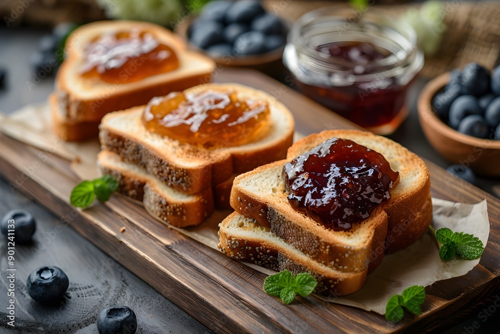 Delicious Toast with Assorted Jams and Fresh Blueberries Delicious Toast with Assorted Jams and Fresh Blueberries