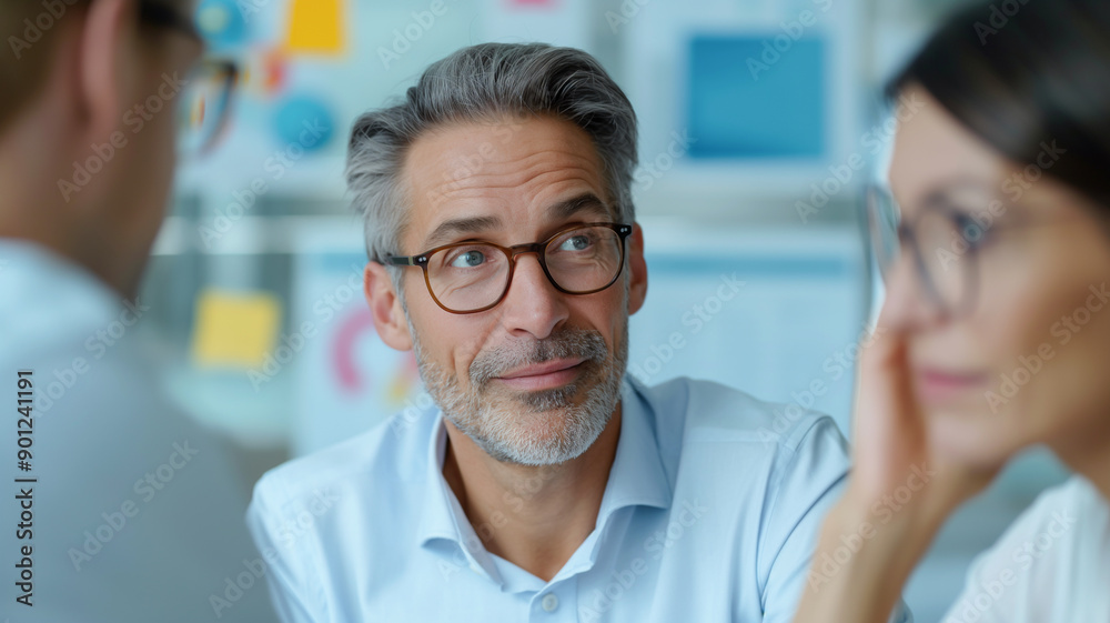A business professional with glasses discusses with team members in a modern office, surrounded by charts, emphasizing a strategic planning session. A business professional with glasses discusses with team members in a modern office, surrounded by charts, emphasizing a strategic planning session.