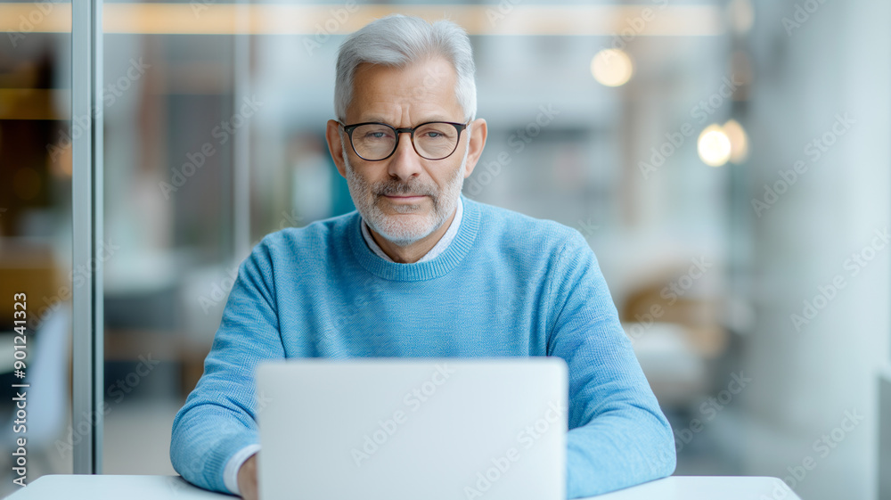 A senior professional with gray hair and glasses works on his laptop in a bright, modern office. Soft lighting and a blurred background emphasize a calm and focused atmosphere. A senior professional with gray hair and glasses works on his laptop in a bright, modern office. Soft lighting and a blurred background emphasize a calm and focused atmosphere.