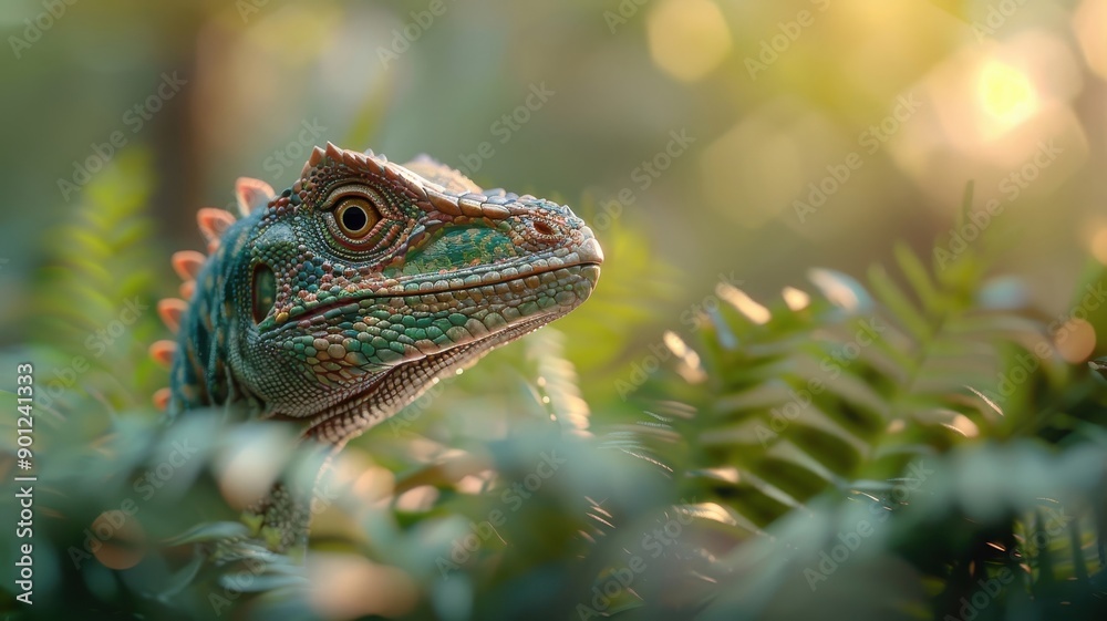 Obraz premium High in the trees, a Velociraptor’s eyes glint as it prepares to leap onto prey.