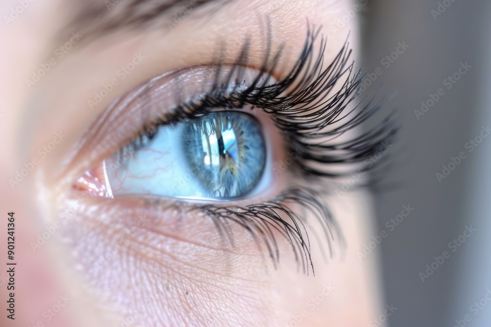 Fototapeta premium Beautiful blue woman eye with black eyelashes, closeup. One human eye with light reflection