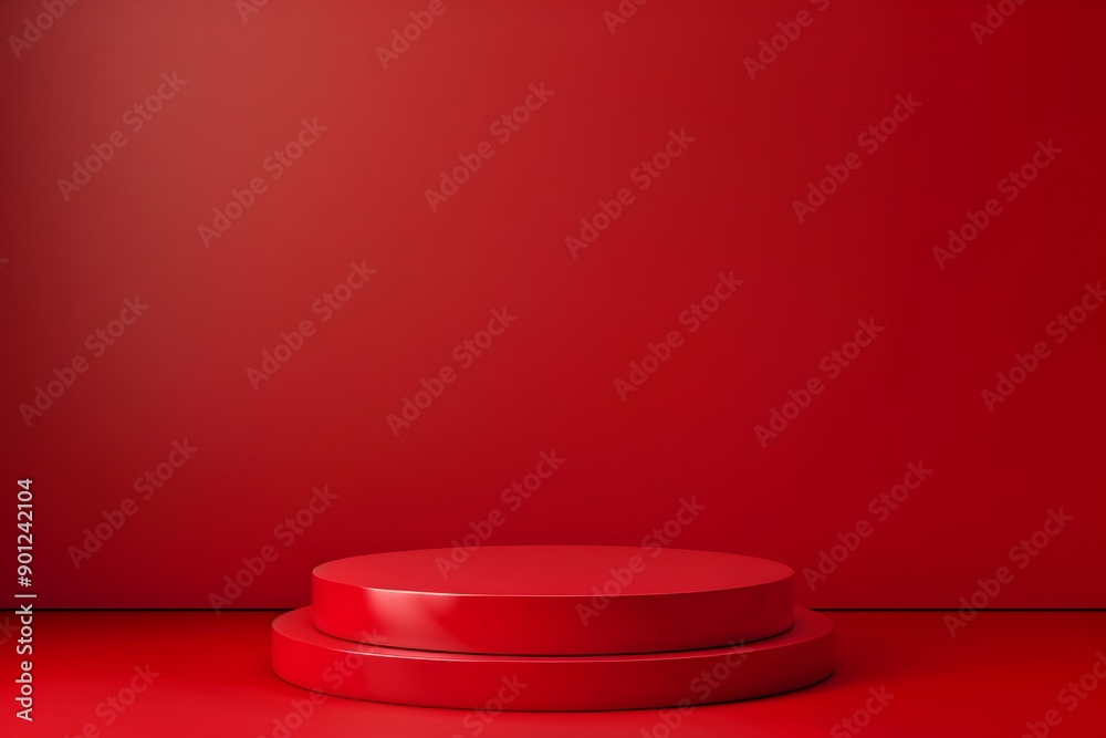 Red podium on red background for product presentation, empty space for text or logo Red podium on red background for product presentation, empty space for text or logo