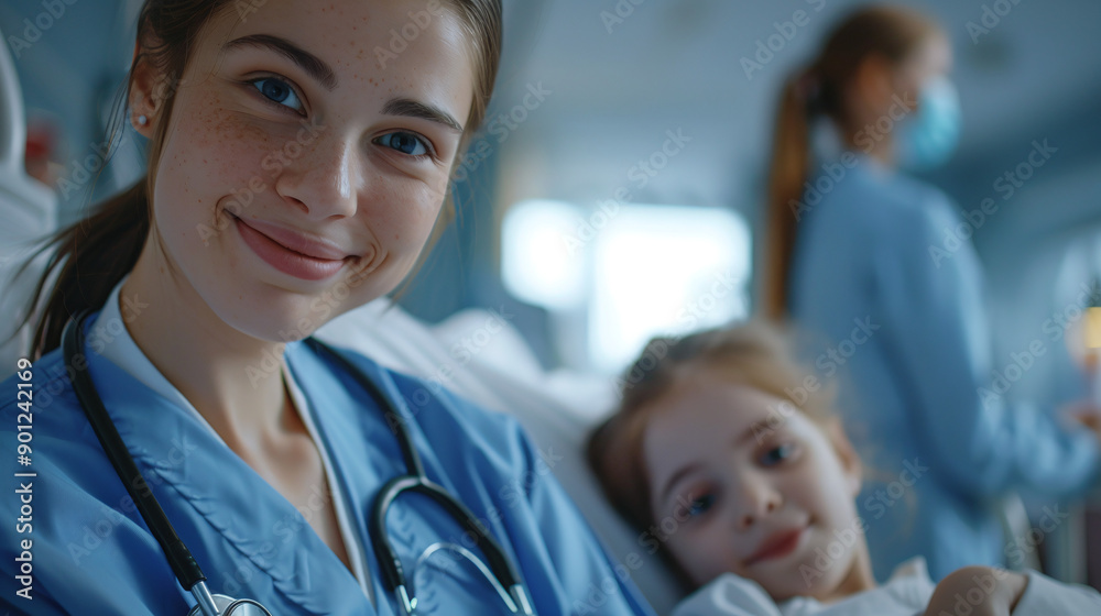 Smiling girl doctor with sick child in hospital ward Smiling girl doctor with sick child in hospital ward