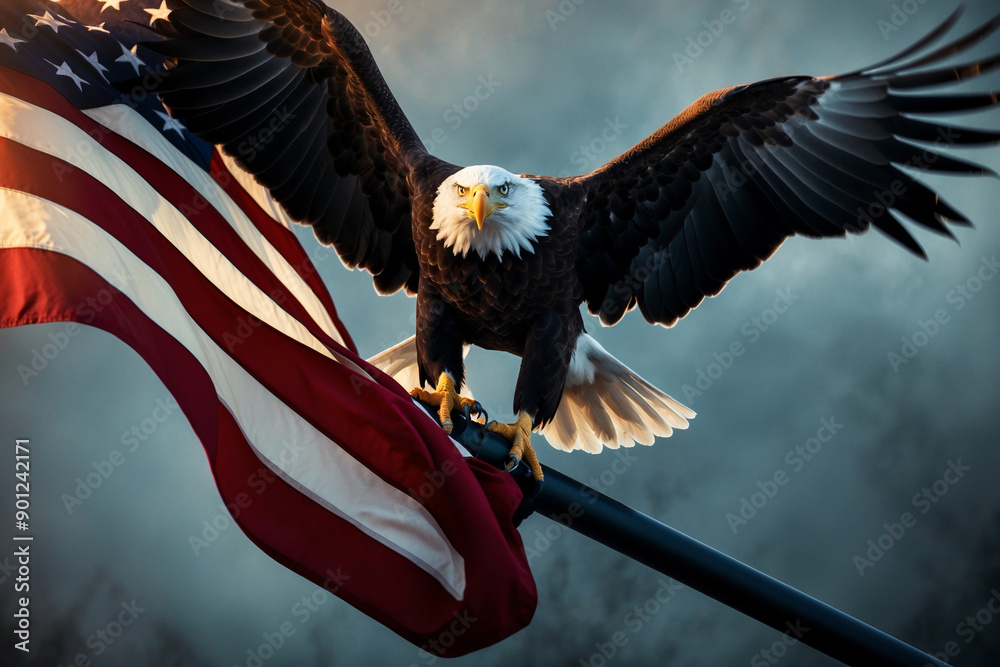 Naklejka premium USA Flag with bald eagle on the golden hue 