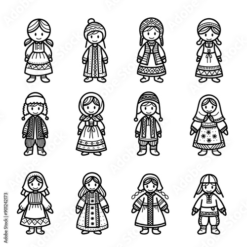 Set of traditional folk costume dolls, nordic doll silhouette, cute hand drawing styles, cultural heritage and diversity of traditional clothing, vector illustration.