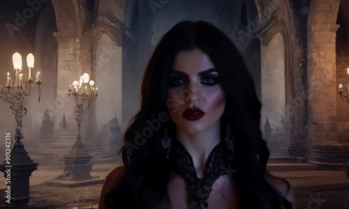 Gothic Queen: The haunting gaze of a woman in a gothic cathedral, surrounded by fog and candlelight.  Halloween vampire photo