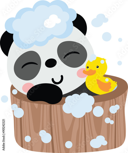 Happy panda taking a bath in wooden tub