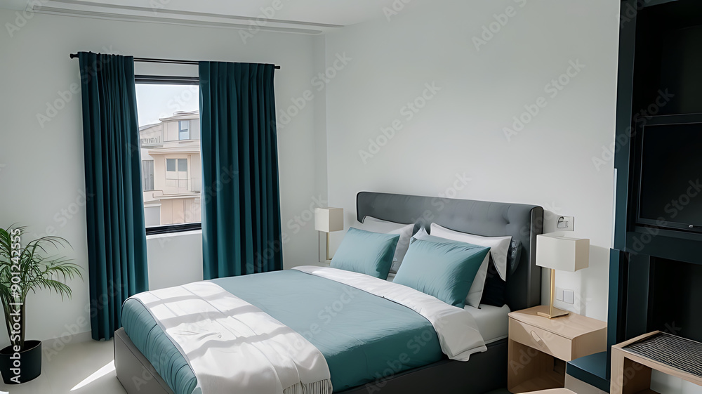 Fototapeta premium Combines aesthetics with practicality for a comfortable and sophisticated bedroom environment.