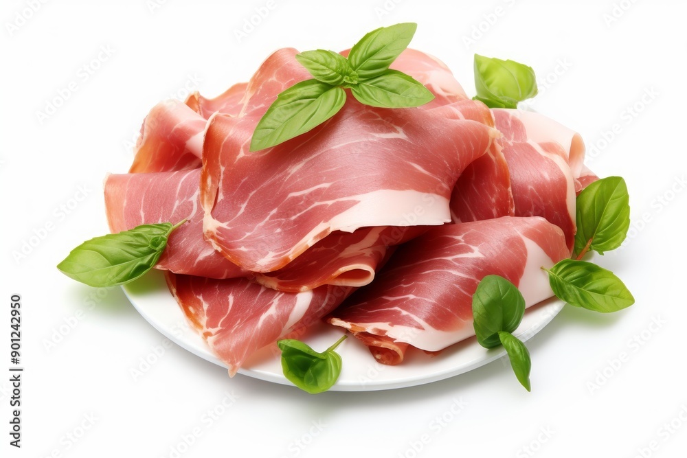 Sliced cured prosciutto with green basil leaves served on a pristine white plate, isolated on a white background Sliced cured prosciutto with green basil leaves served on a pristine white plate, isolated on a white background