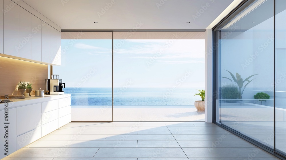 Fototapeta premium Modern bright kitchen in a house overlooking the sea, 3D rendering.
