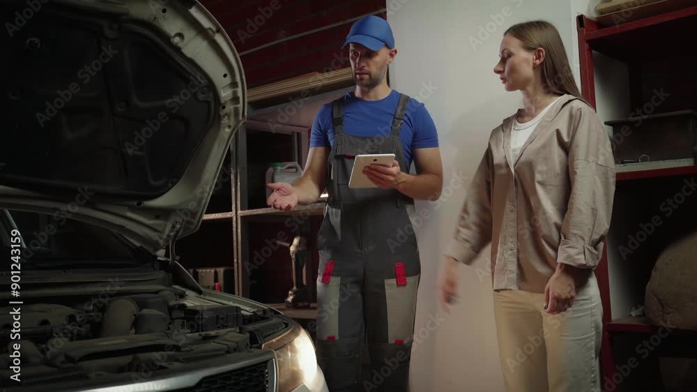 A mechanic explains a problem with a car engine to a customer in a garage. The mechanic holds a tablet and points to the engine bay while the customer listens attentively A mechanic explains a problem with a car engine to a customer in a garage. The mechanic holds a tablet and points to the engine bay while the customer listens attentively