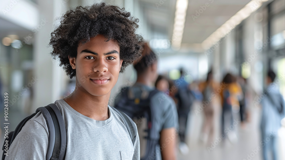 Fototapeta premium African American guy student in t-shirt with backpack at university