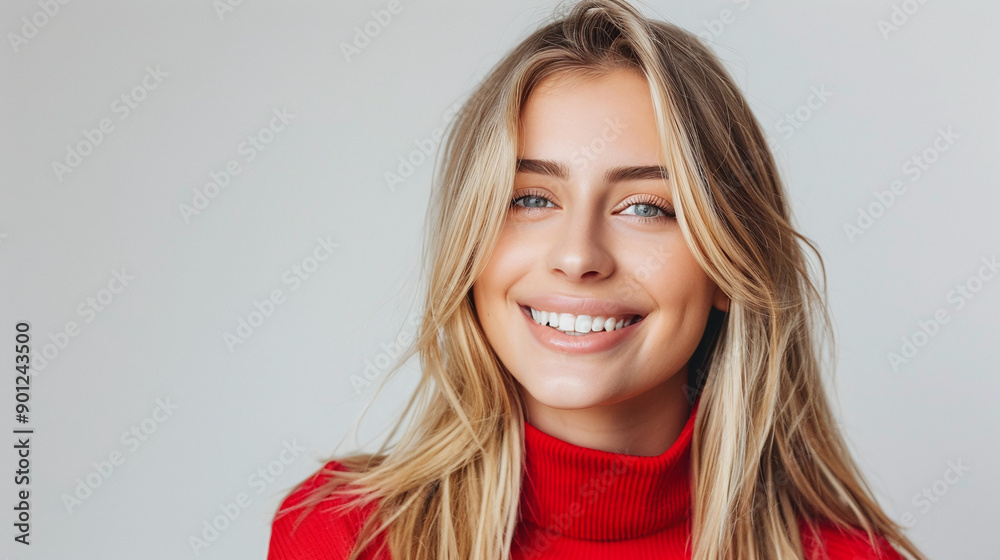 Smiling blonde woman model in red sweater on white studio background Smiling blonde woman model in red sweater on white studio background