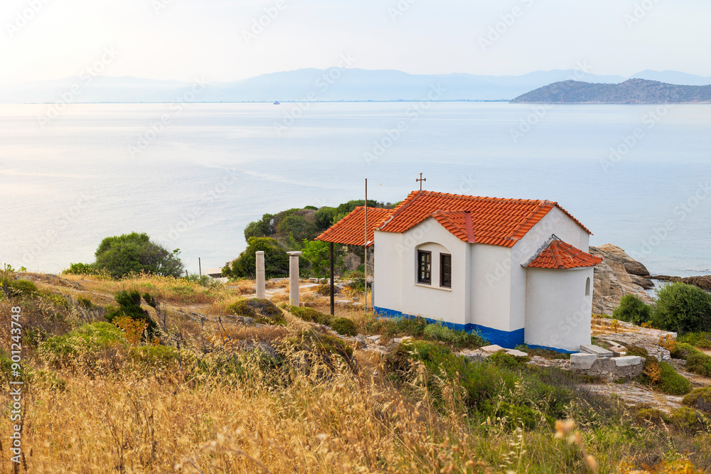 Greece, Thassos small church and sea landscape Greece, Thassos small church and sea landscape