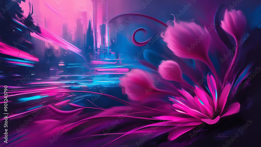 Fototapeta premium The illustration backgrounds are in a modern, futuristic style, dominant in neon pink.