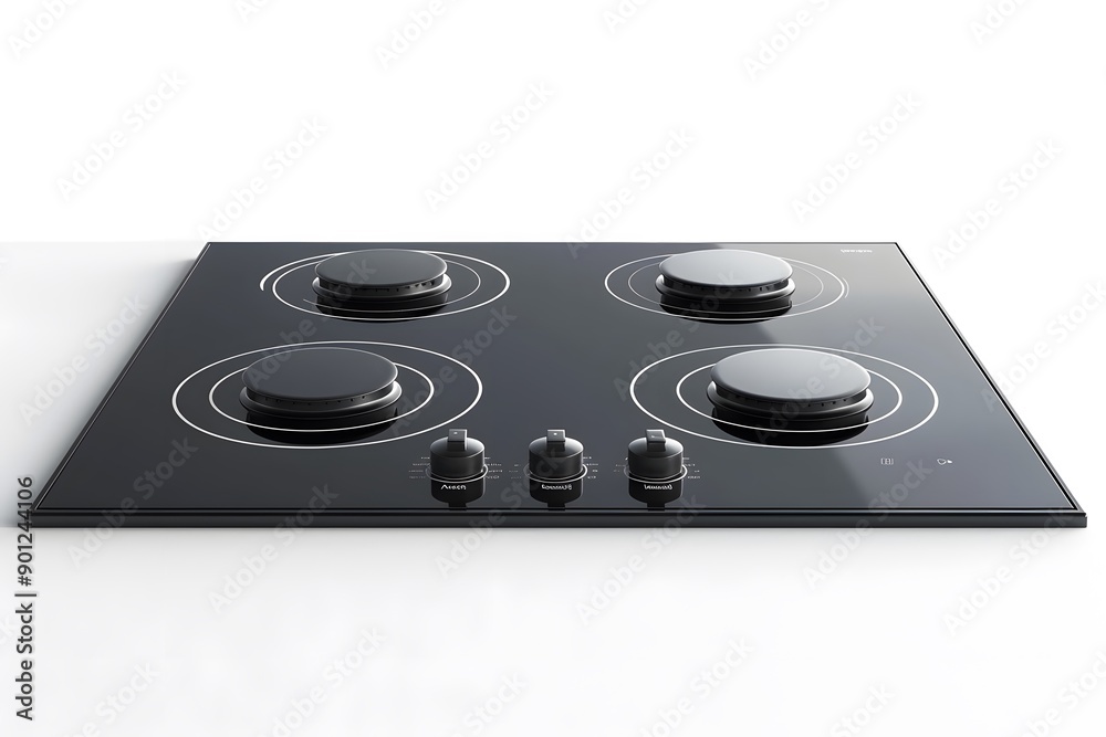 Fototapeta premium Sleek Black Glass Cooktop with Four Burners and Control Knobs