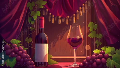 Bottle of Wine Half-Filled Wine Glass and Bunch of Grapes on Red Drapery Cartoon Environment Elegant Scene Vineyard Setting Still Life Illustration Romantic Atmosphere