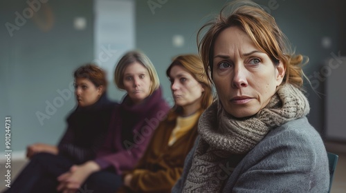 Depressed woman sits pensively in a support group meeting, with three other women in the background, creating a somber atmosphere