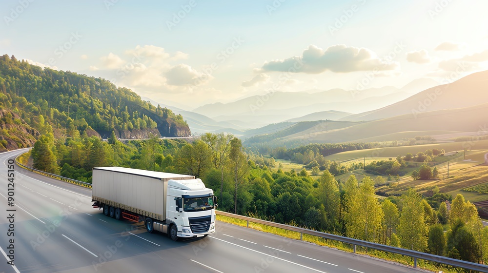 A white truck driving through a beautiful mountainous landscape at sunset, showcasing the spirit of transportation and adventure. A white truck driving through a beautiful mountainous landscape at sunset, showcasing the spirit of transportation and adventure.