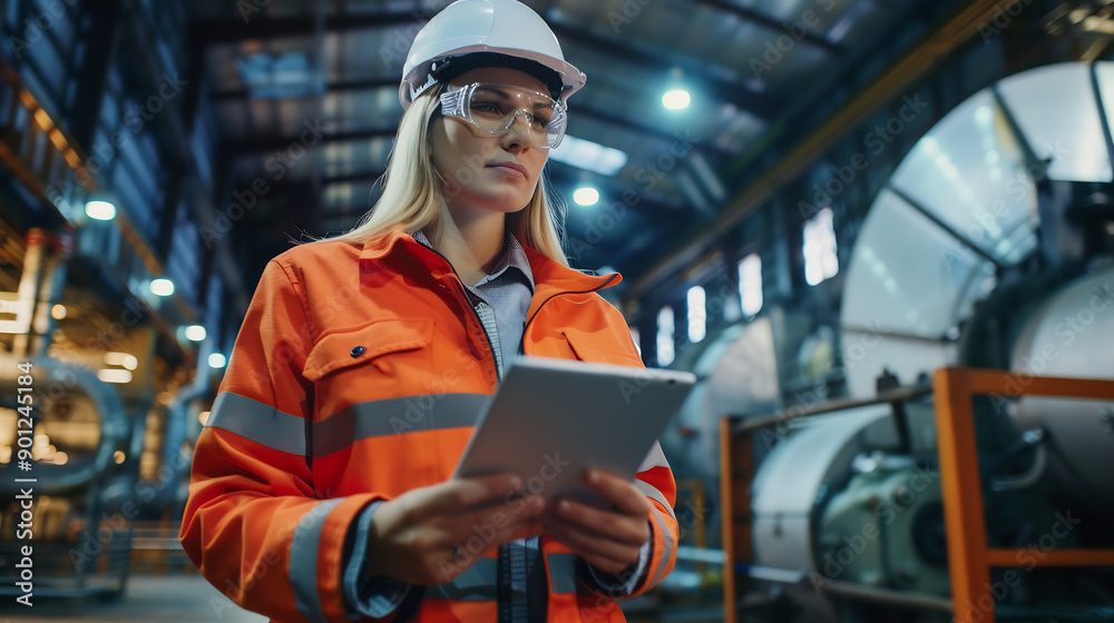 Female engineer in safety gear holding a tablet, overseeing operations in a modern industrial facility, focus on technology and efficiency