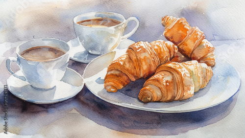Breakfast Plate Croissants Two Cups Coffee Watercolor Illustration Background Morning Meal Fresh Baked Pastry Cafe Scene