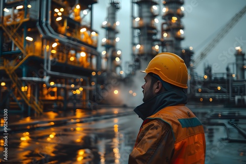 Worker Observing Industrial Operations at Dusk