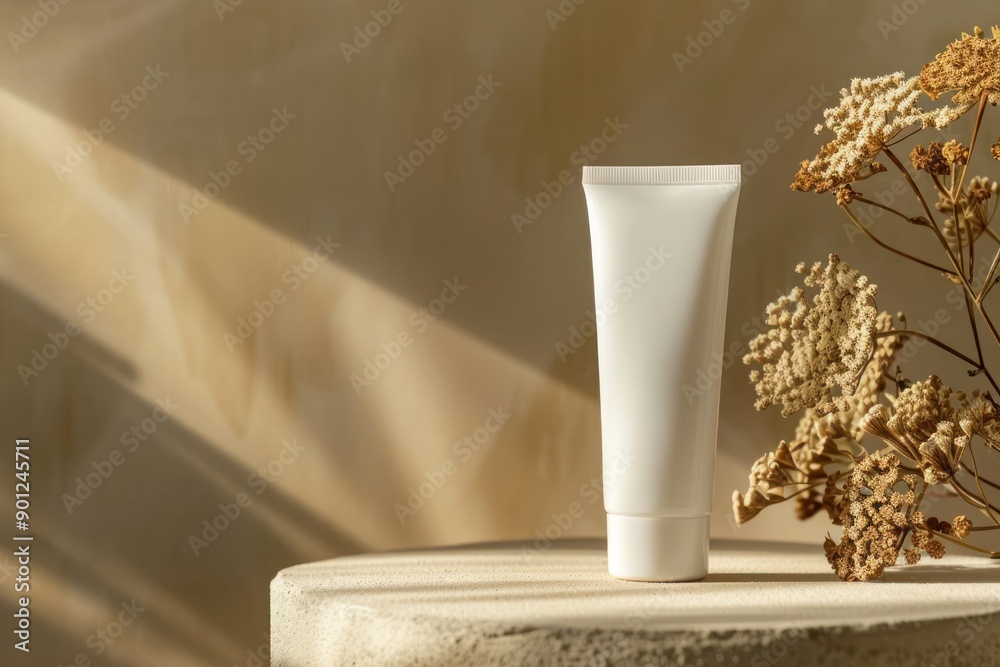 close up An empty white cosmetic tube stands on a pedestal, showing natural skin care close up An empty white cosmetic tube stands on a pedestal, showing natural skin care