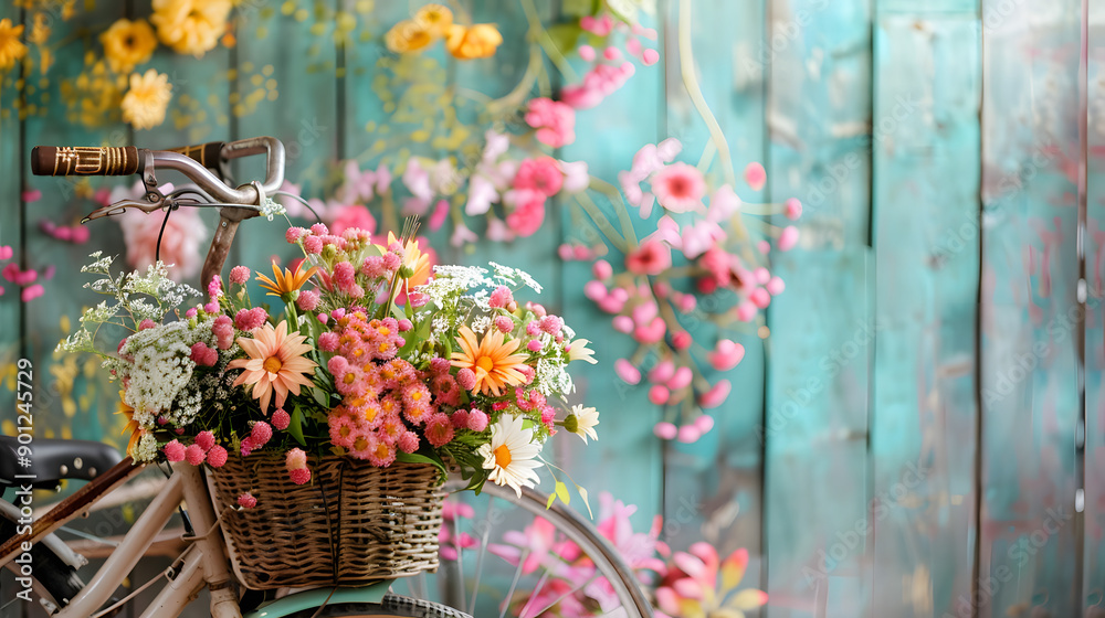Bicycle with a basket of vibrant flowers leaning against a colorful painted wall with floral designs. The scene exudes a romantic and artistic charm. Bicycle with a basket of vibrant flowers leaning against a colorful painted wall with floral designs. The scene exudes a romantic and artistic charm.