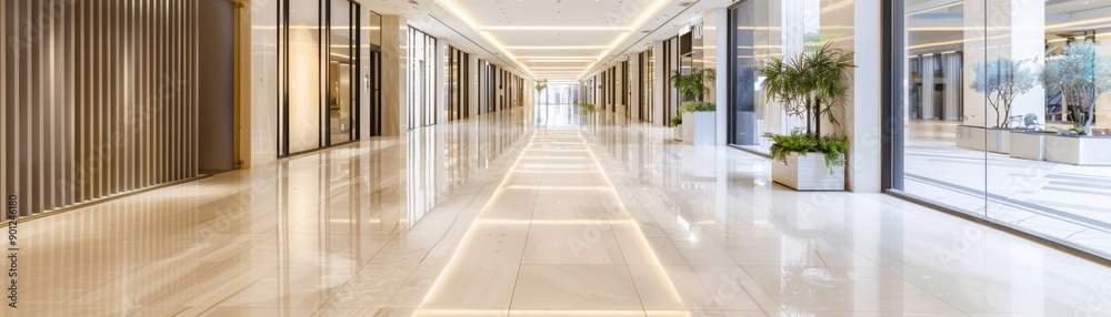 A modern and spacious hallway featuring polished marble floors, sleek design, and natural light enhancing the contemporary architecture. A modern and spacious hallway featuring polished marble floors, sleek design, and natural light enhancing the contemporary architecture.