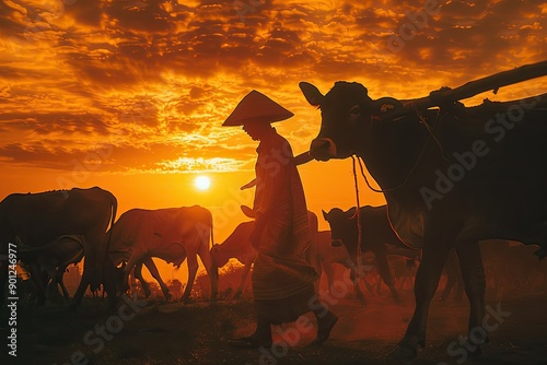 Sunset Scene with Farmer and Cows photo