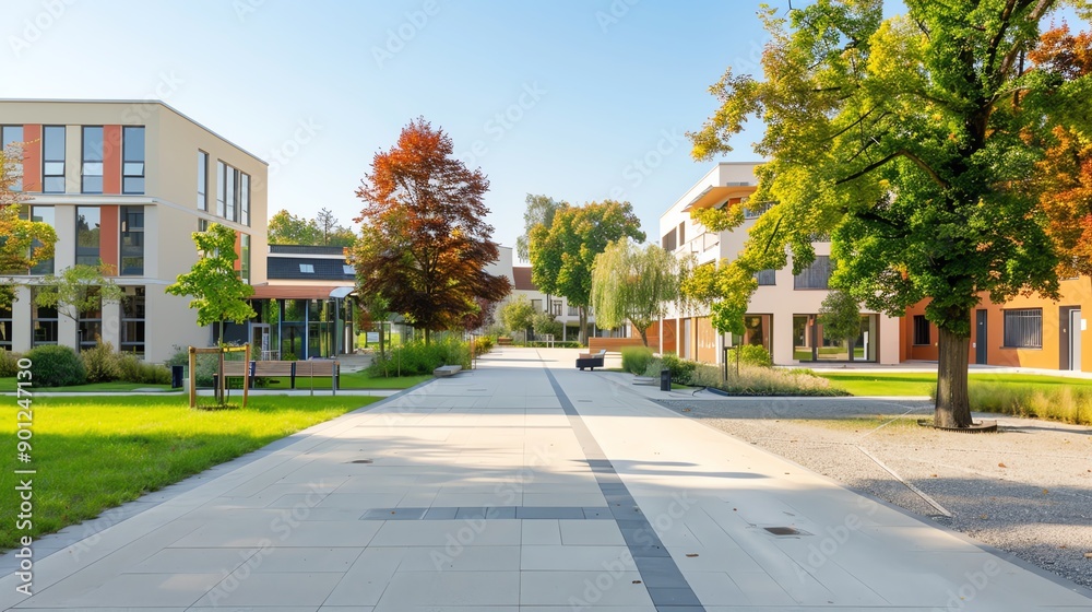 A modern campus pathway lined with trees, showcasing a vibrant mix of nature and architecture under a clear blue sky. A modern campus pathway lined with trees, showcasing a vibrant mix of nature and architecture under a clear blue sky.