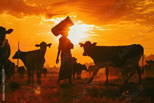 Farmer Herding Cattle at Sunset photo