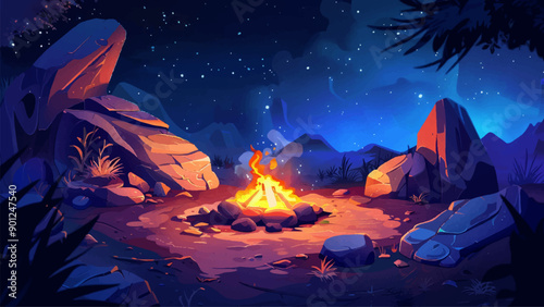 Campfire in the Woods Cartoon Environment Adventure Game Forest Scene Outdoor Exploration Illustration Nighttime Camping Wilderness Adventure Bonfire Nature Retreat Wooded Area