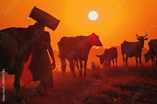 Farmer Herding Cattle at Sunset photo