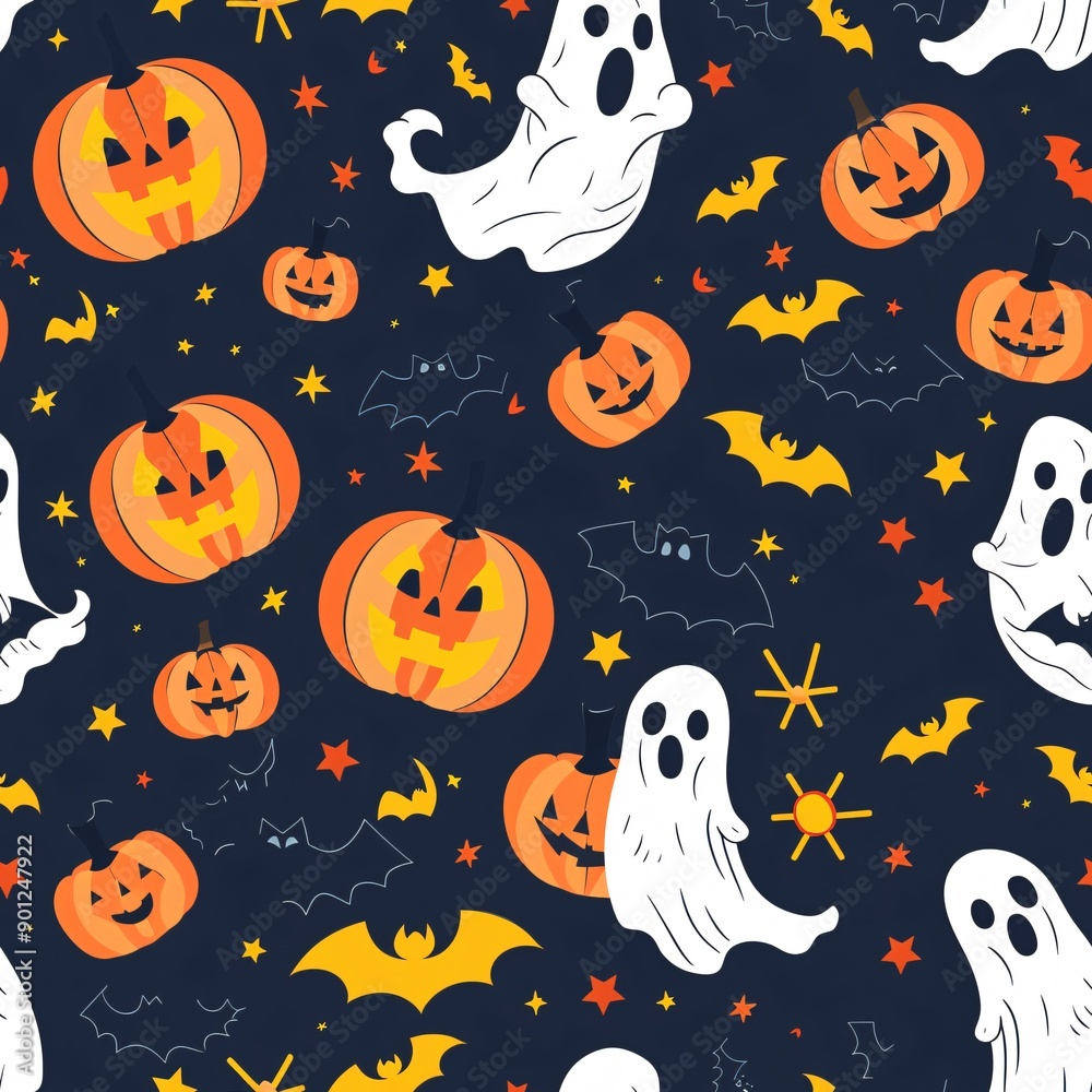 Seamless Halloween pattern featuring creepy ghosts, bats, and jack-o-lanterns, colorful design Seamless Halloween pattern featuring creepy ghosts, bats, and jack-o-lanterns, colorful design