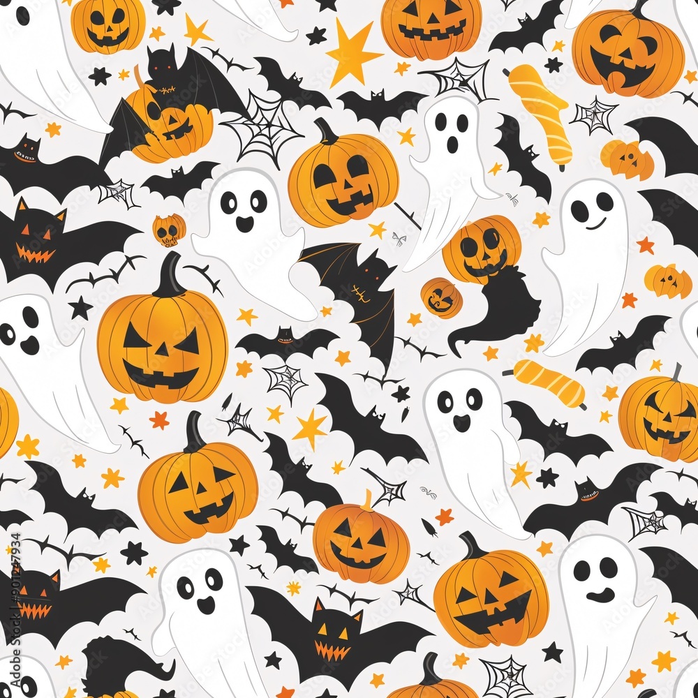 Seamless Halloween pattern featuring creepy ghosts, bats, and jack-o-lanterns, colorful design