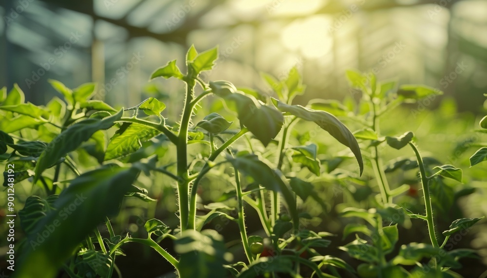 Person Caring for Young Tomato Plants in Sunlit Greenhouse, Sustainable Growth Concept Person Caring for Young Tomato Plants in Sunlit Greenhouse, Sustainable Growth Concept