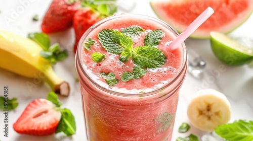 Wallpaper Mural Fresh fruit smoothie with watermelon, banana, and strawberry garnished with mint leaves in a glass, presented on a white background Torontodigital.ca